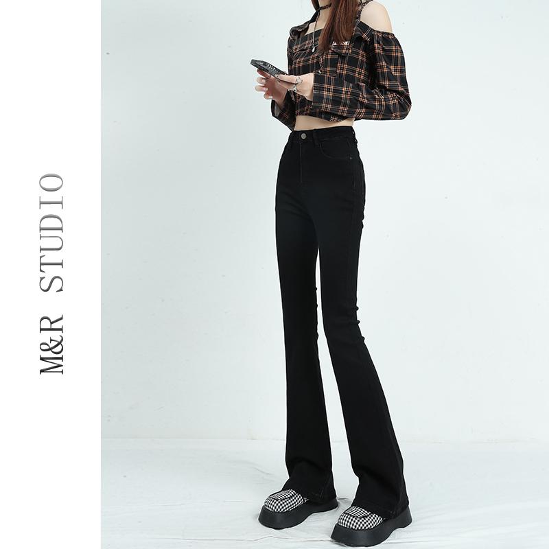 Boot Cut Jeans - パンツ デニム レディース カジュアル スタイリッシュ 女性 黒 ブーツ カット ジーンズ ハイウエスト 春 スリム 小柄 フレア 裏起毛