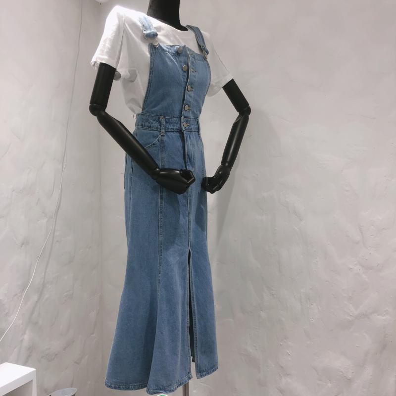 スカート デニムスカート レディース カジュアル ボトムス ノースリーブ ハイウエスト シック プリンセス デニム ミドル丈 フィッシュ テール スリット サスペンダー