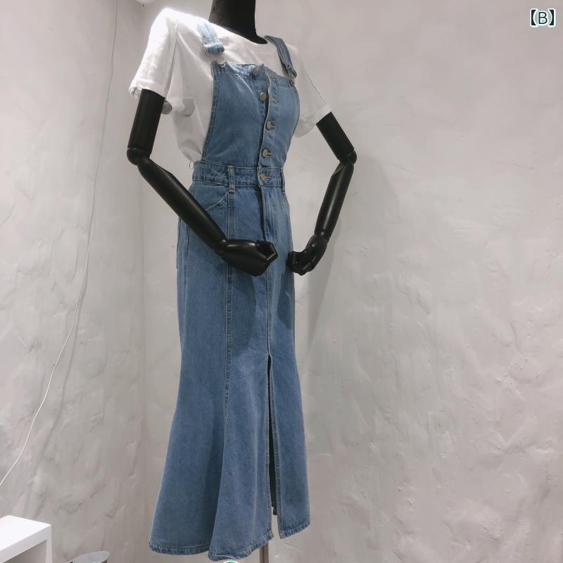 セキュアデポのスカート デニムスカート レディース カジュアル ボトムス ノースリーブ ハイウエスト シック プリンセス デニム ミドル丈 フィッシュ テール スリット サスペンダー｜アングル3