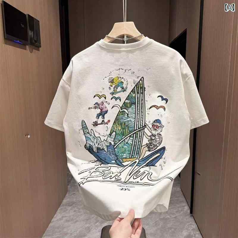 夏 メンズ ヨット コミック フォーム 刺繍 プリント 半袖 ラウンドネック Tシャツ メンズ カジュアル ..