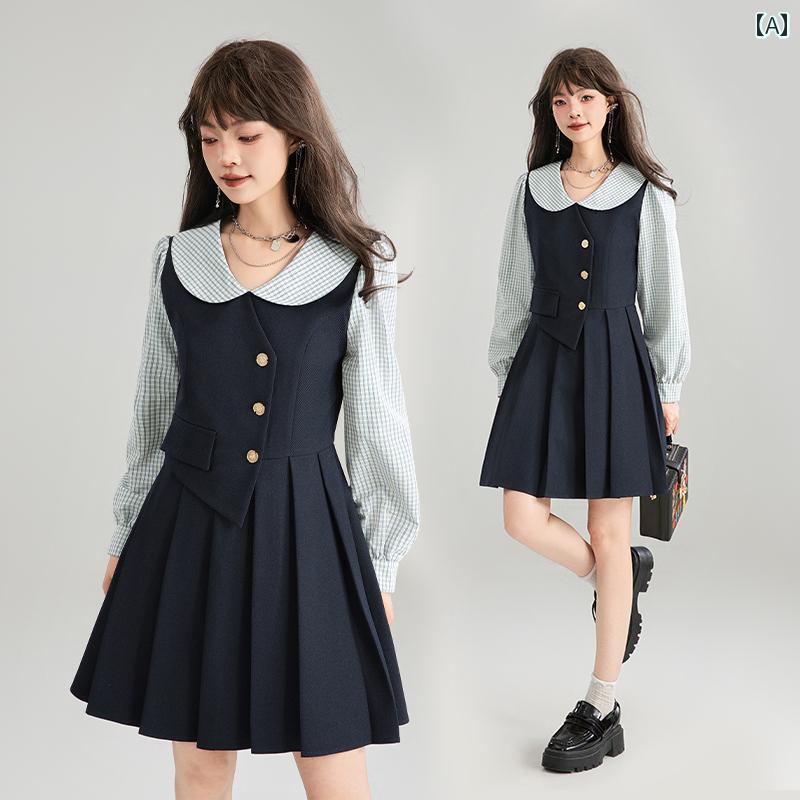 長袖 ワンピース 重ね着風 ドレス 秋 プリーツスカート フェイク セットアップ ガ...