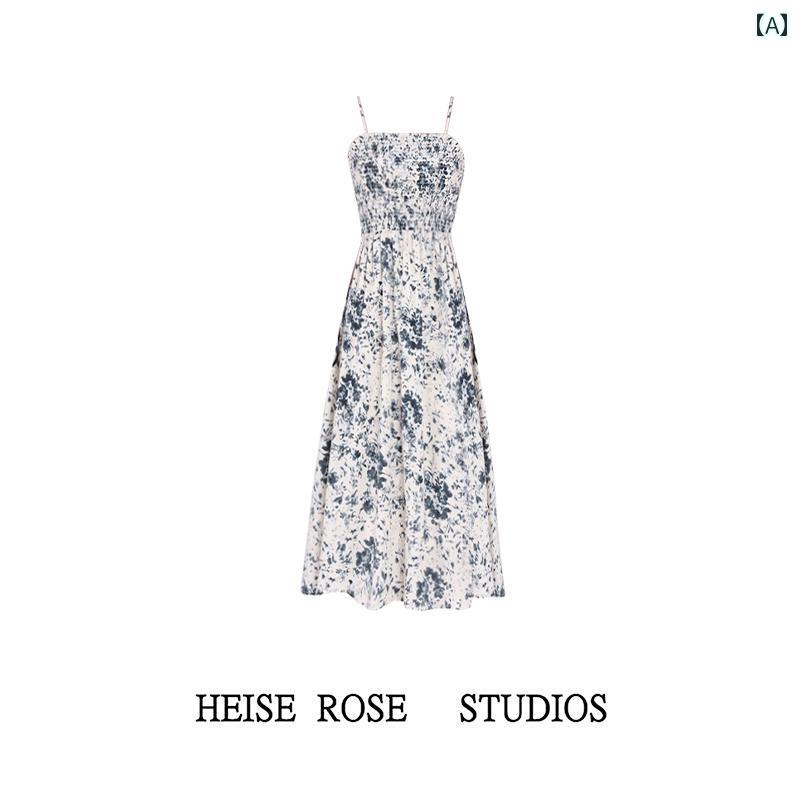 レディース 夏 サマー ワンピース 大人かわいい ティーブレイク フランス 油絵 サスペンダー ドレス 女性 ハイエンド ブルー 花柄 スカート スリム