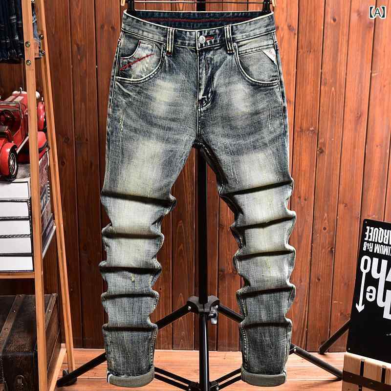 ジーンズ メンズ ウォッシュド スリム フィット 春秋 韓国 カジュアル レトロ ロング パンツ デニム ウォッシュ加工 ダメージ加工