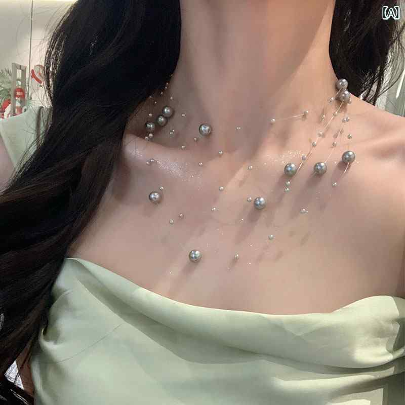 グレー パールネックレス レディース 鎖骨 チェーンチョーカー アクセサリー きれいめ おしゃれ 素敵