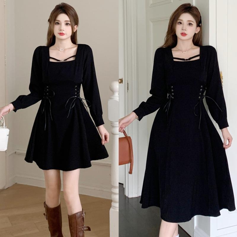 樂天商城 - 秋冬 フレンチ ロング ドレス リトル ブラック 肩 大きめサイズ ドレス Aラインスカート スクエアネック プルオーバー ハイウエスト シック エレガント
