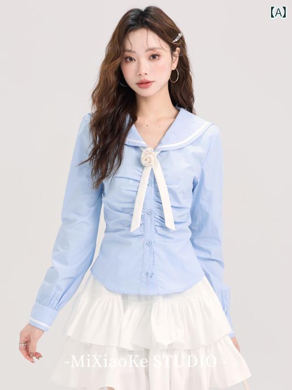 Long-Sleeved - アメリカン カレッジ ネイビーカラー 長袖 シャツ レディース 秋 ブルー ウエスタン トップス ファッション スリムフィット カジュアル