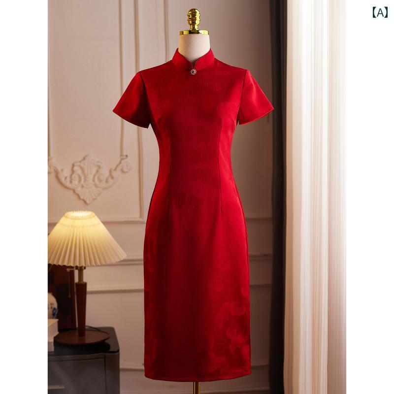 ドレス チャイナ スタイリッシュ 結婚式 パーティー 赤い 乾杯 お母さん 披露宴 ウェディングドレス 子供用 ジャカード スリムフィット