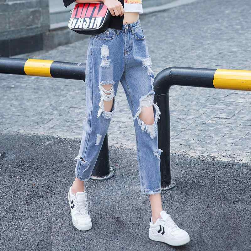 Straight Jeans - パンツ ズボン ボトムス デニム ジーンズ レディース おしゃれ ファッション シンプル ハイウエスト 夏 ストレート 九分丈 ダメージ加工