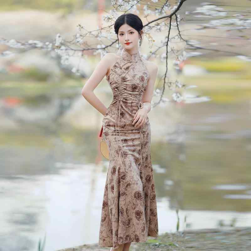 レディース ドライローズ チャイナ風 レトロ ノースリーブ チャイナドレス ホルター ドレス 夏 フィッシュテール スカート スーツ