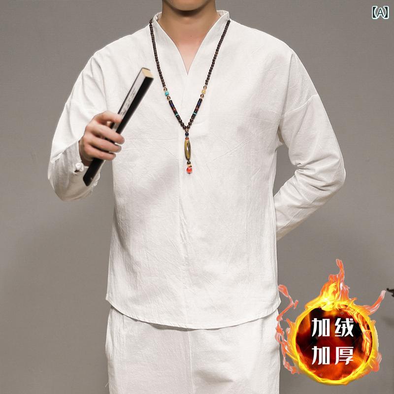 メンズ 秋冬 中華風 漢服 裏起毛 厚い 綿 リネン 長袖 T シャツ 男性 大きいサイズ レトロ トップ