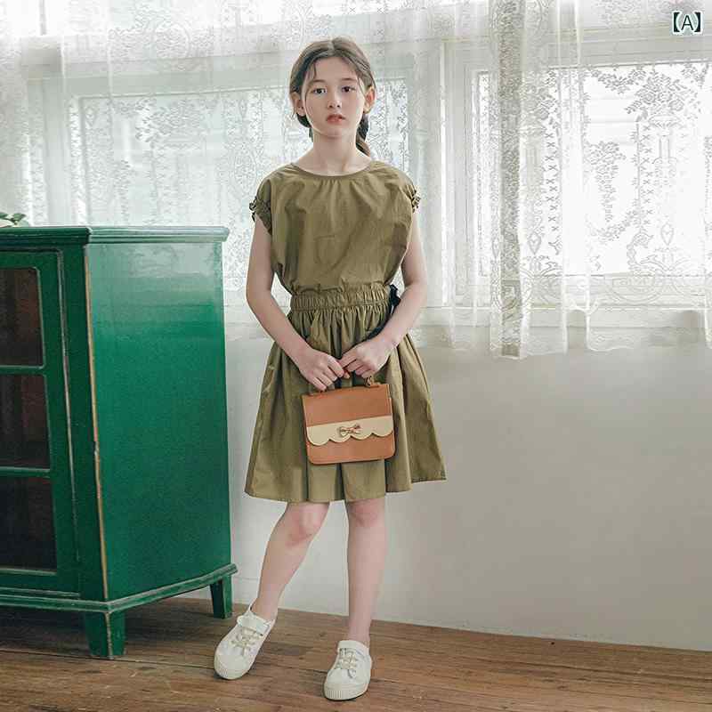 トップス スカート 女の子 ガールズ 夏 スーツ 薄 型 中 大 子供 レトロ グリーン ノースリーブ ベビー..