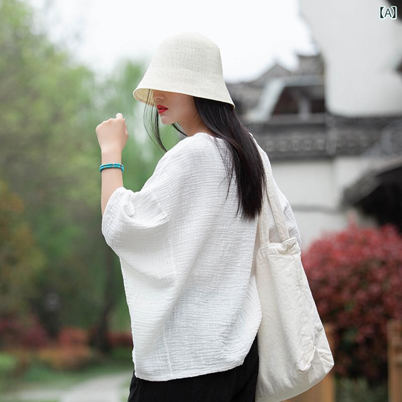 レディース ファッション リネン ゆったり カジュアル 半袖 トップス レディース 大きめサイズ バットスリーブ テクスチャード Tシャツ 芸術 ラウンドネック 五分袖 オーバーサイズのサムネイル