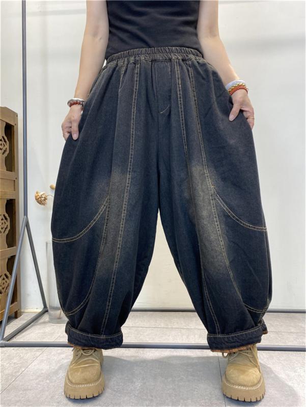 Capri Pants - ワイド デニム パンツ キルティングパンツ ジーンズ 秋冬 暖かい ゆったり カジュアル シンプル スポーツ アウトドア ホームウェア レディース