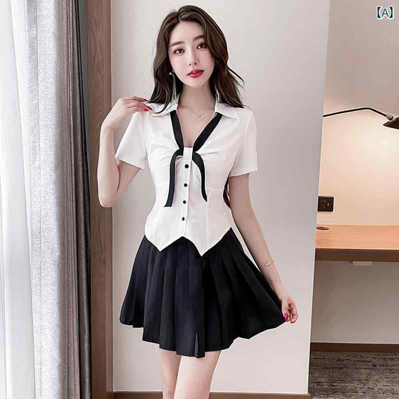 制服 フェミニン シャツ レディース プリーツスカート Vネック JK セクシー セットアップ サウナ ウエストスリム 美容 ユニフォーム フロント