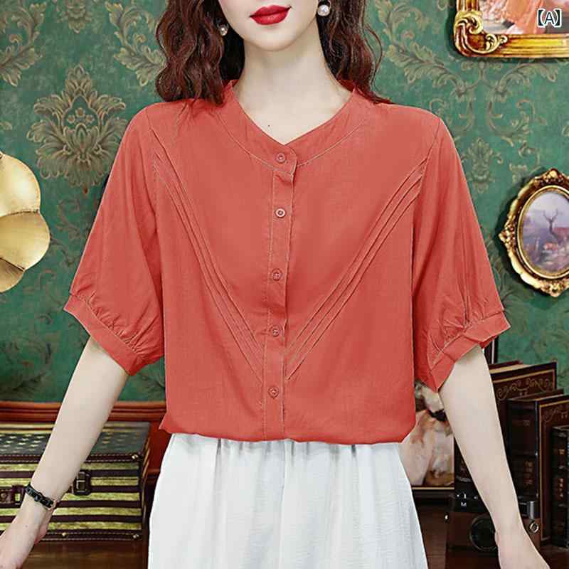 短袖 - レディース 婦人服 レディース トップス シャツ ブラウス シンプル 夏 ゆったり フレンチ 半袖 大きめサイズ