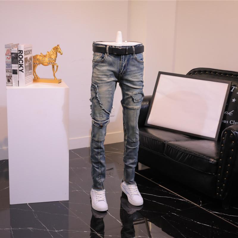 パンツ デニムパンツ メンズ 春秋 アメリカ レトロ ジーンズ スプライシング バイク カジュアル スリム 裾細 弾性