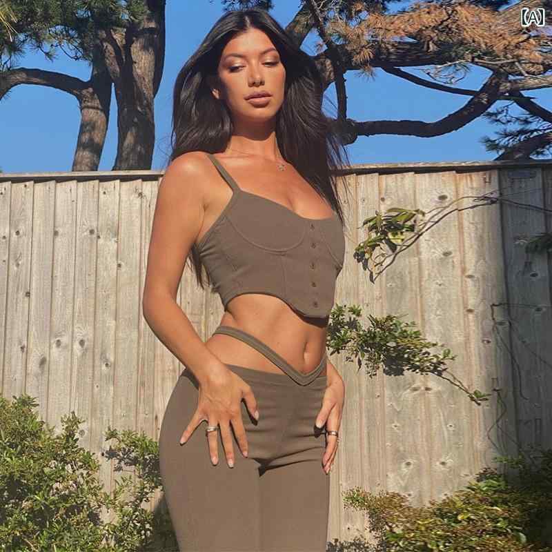 レディース カジュアル パンツ ストリート 話題 スタイリッシュ 魅惑的 V 字 ウエスト 露出 ワイド ぴったり フィット 着痩せ キャミソール ツーピース スーツ