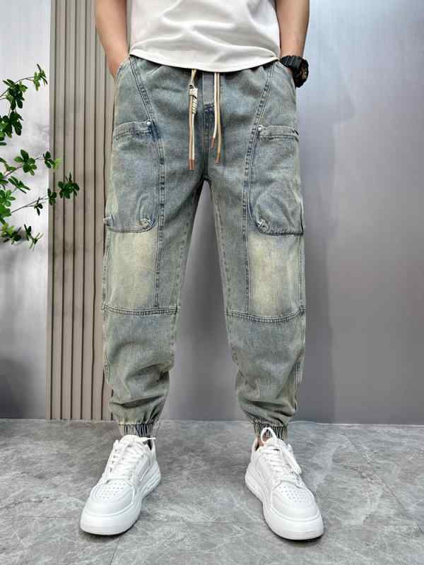 パンツ デニム メンズ アウトドア ズボン 白い レギンス ゆったり 伸縮性 ウエスト クロップド 組み合わせた 夏 ジーンズ