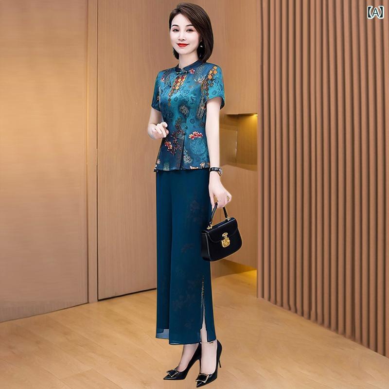 レディース チャイナスーツ セットアップ パンツスーツ スリット 魅惑 風 パーティー 華やか 上品 着痩せ 大人女子 着物風 涼しげ