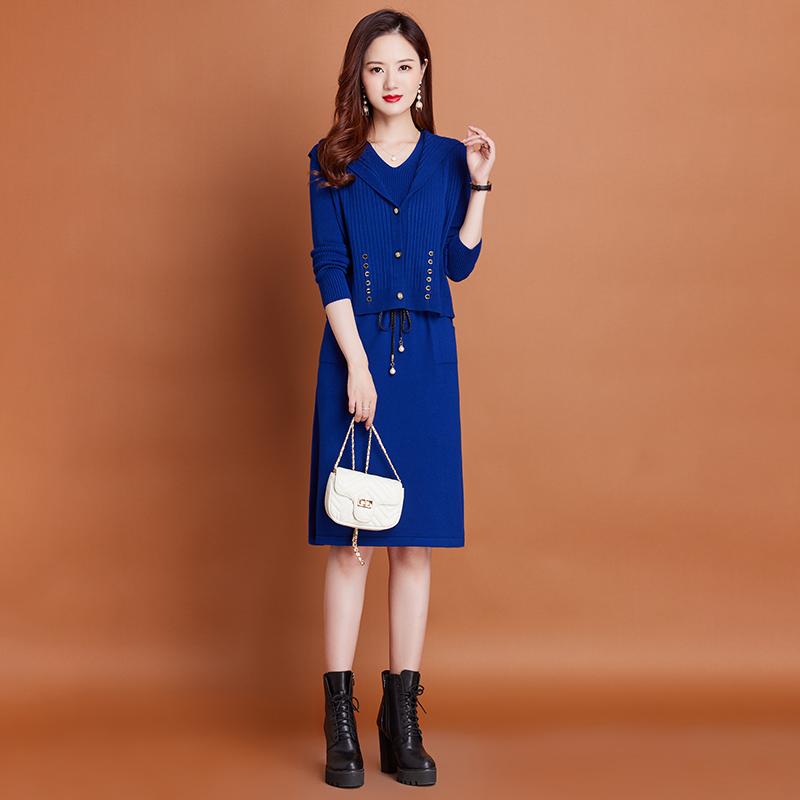 Rakuten - ドレス スカート レディース ファッション 春秋 女性 ニット 長袖 ベスト フード付き 2点 セット 膝上 セーター ミドル丈