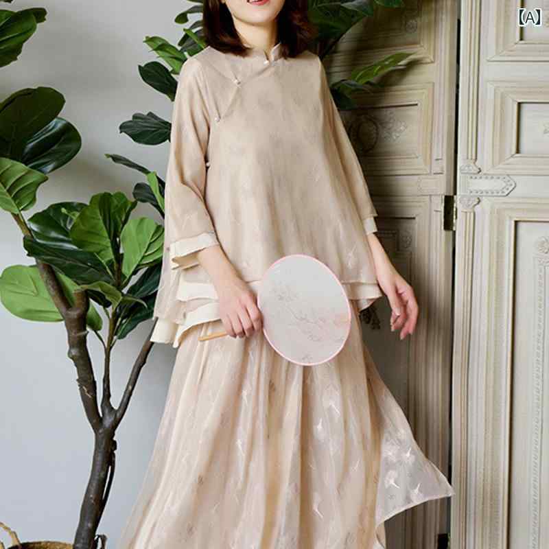 Women's Fashion, Everyday Wear, Hanbok, Short, Chinese Style Dress, Tee, Retro Chinese Style, Buckle, Lace Top, Chinese Style, Women's Clothing, Three-Quarter Sleeves, Stand Collar, Simple