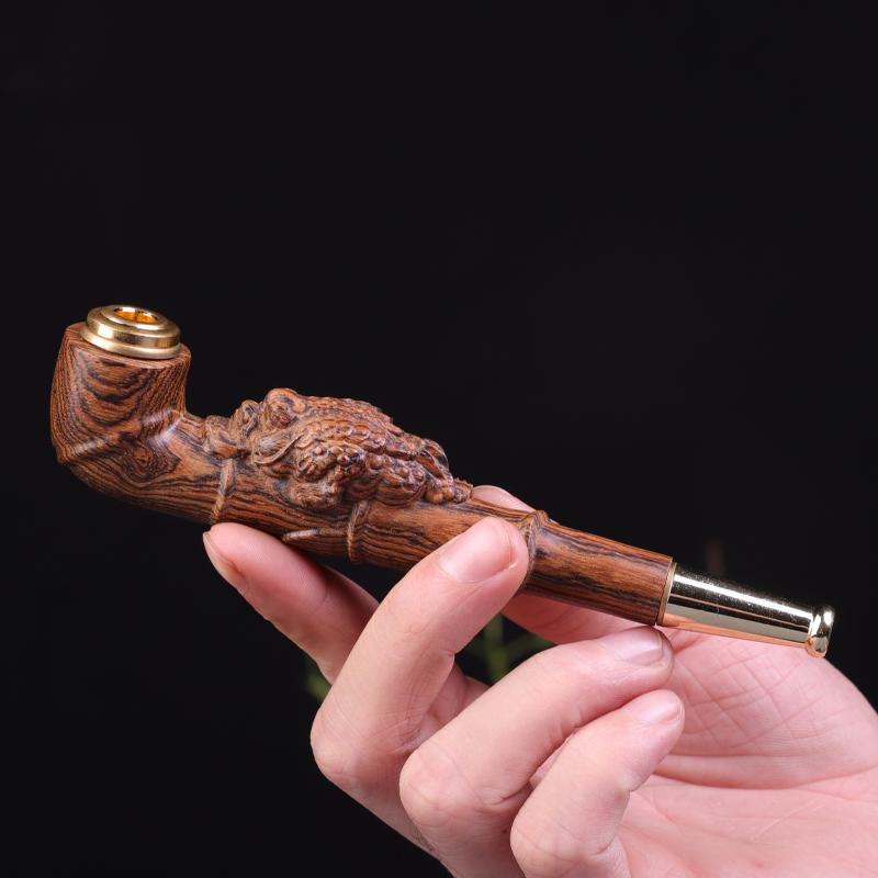 喫煙パイプ 中国風 アクセサリー ゴールデン 無垢材 彫刻 ゴールデン ヒキガエル タバコ ホルダー タバコ ポット ポータブル ハンドピース 木虎皮 サンダルウッド トゥ ジャ