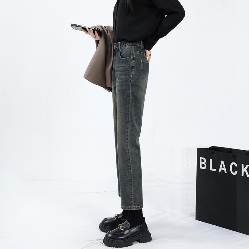 Straight Jeans - パンツ デニムパンツ レディース スタイリッシュ 女性 ハイウエスト ストレート レッグ ジーンズ 秋 ハイウエスト スリムフィット プチ 九分丈 パイプ