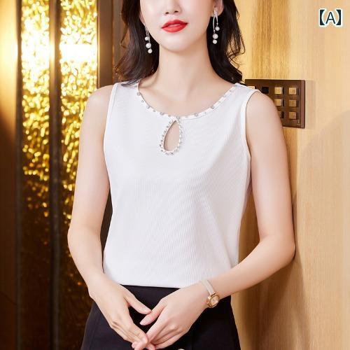 レディース ノースリーブ シャツ サマー ファッション 上品 マザーズ 婦人服 普段使い 魅惑的 ビーズ 小さい ベスト インナーウェア アウターウェア ニット 大きいサイズ トップス 女性用