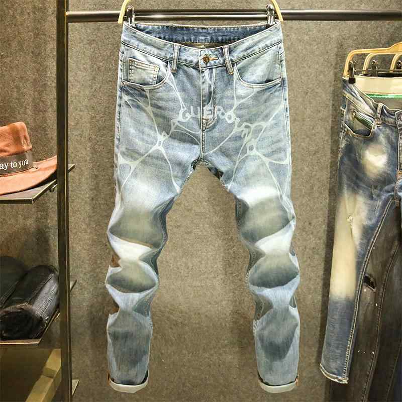 メンズ デニム おしゃれ Gパン カジュアル プリント ジーンズ スリムフィット 韓国 パンツ 春夏 ウォッシュド ストレッチ ロング パンツ