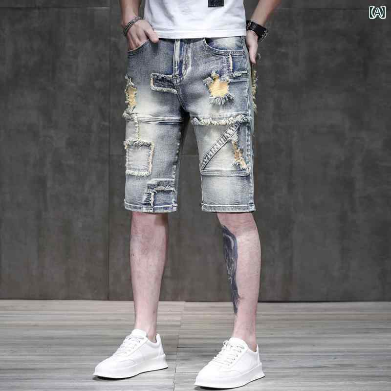 メンズ 夏 カジュアル パンツ デニム サマー ボトムス ハーフ ズボン 男性用 アメリカ デニムショート 若々しい ミッド 破れて つぎ 合わ