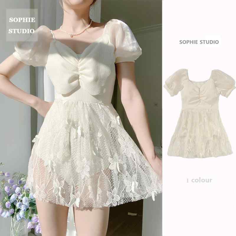 ワンピース 水着 レディース 夏 夏 水着 リボン オフホワイト カジュアル 半袖 スカート ワンピース フランス風