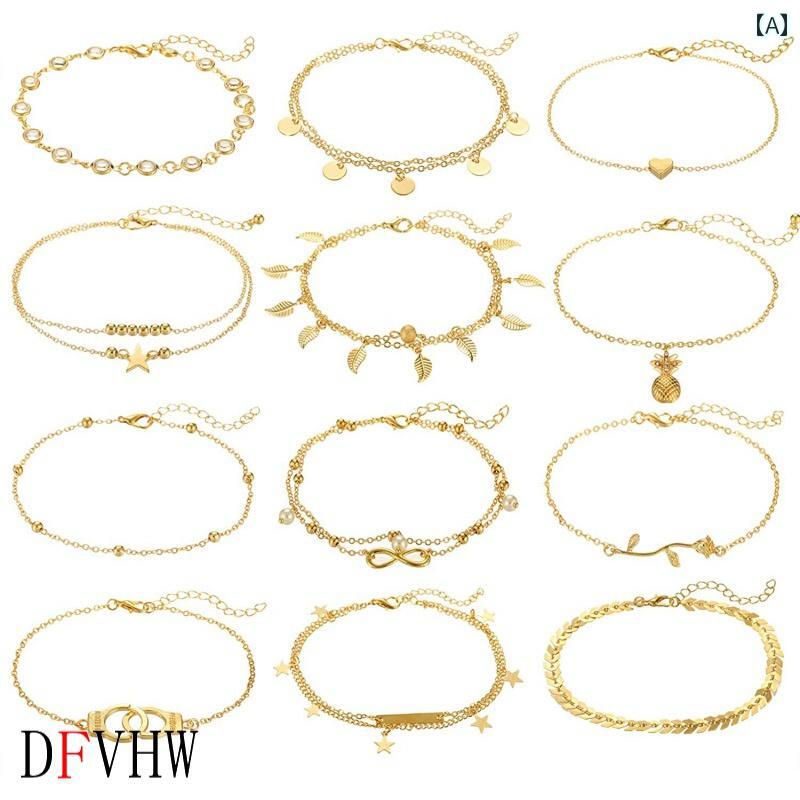 レディース 夏 アクセサリー アンクレット 水着 ビーチ プール 海水浴 アクセ 足首飾り アメリカン ファッション 手錠 パイナップル ローズ 女性 ボヘミアン フット セット