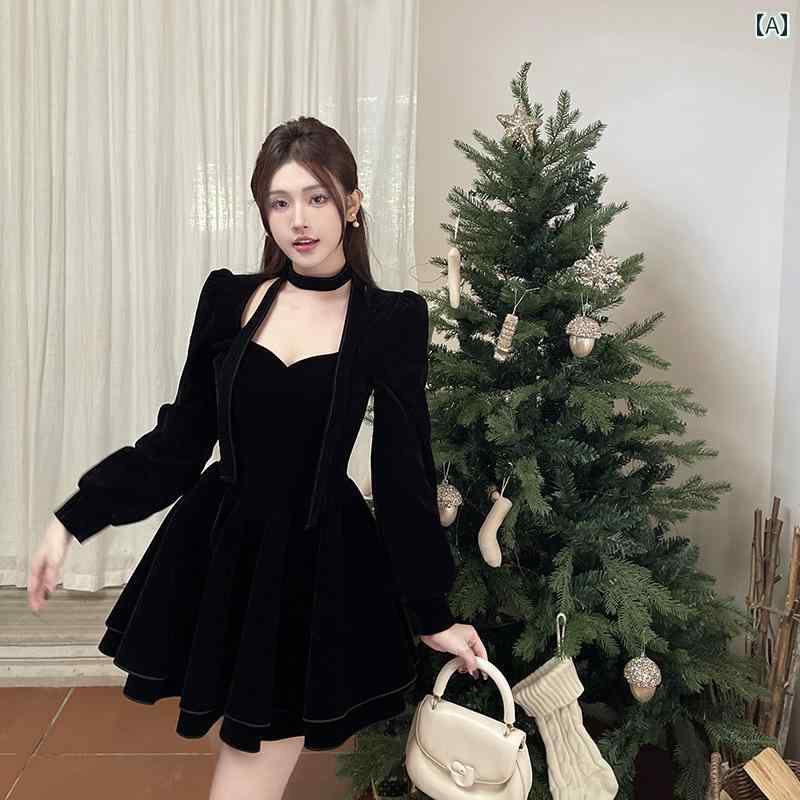 レディース ワンピース スパイシー フレンチ ベルベット ブラック ドレス 女性 秋冬 レトロ v ネック プリンセス ハイエンド ショート スカート