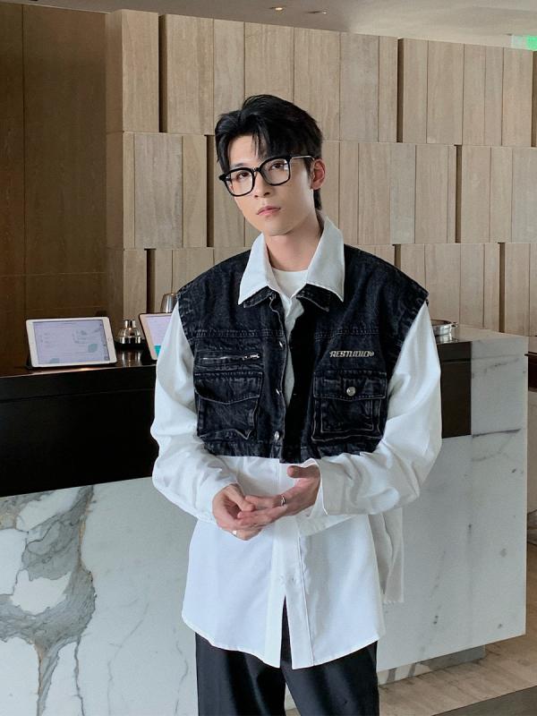 シャツ メンズ 秋 春 長袖 トップス おしゃれ デニム フェイク ツーピース ファッション