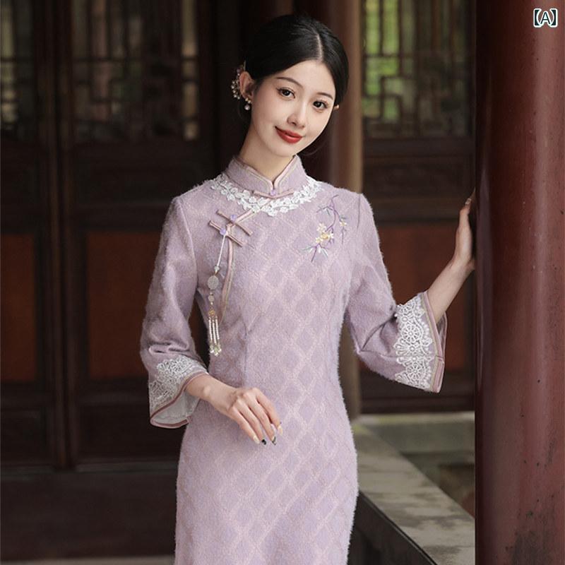 レディース チャイナ ドレス おしゃれ ワンピース 中国 刺繍 秋 長袖 上品 洗練 ガールズ 普段使い 日常着 ハイエンド