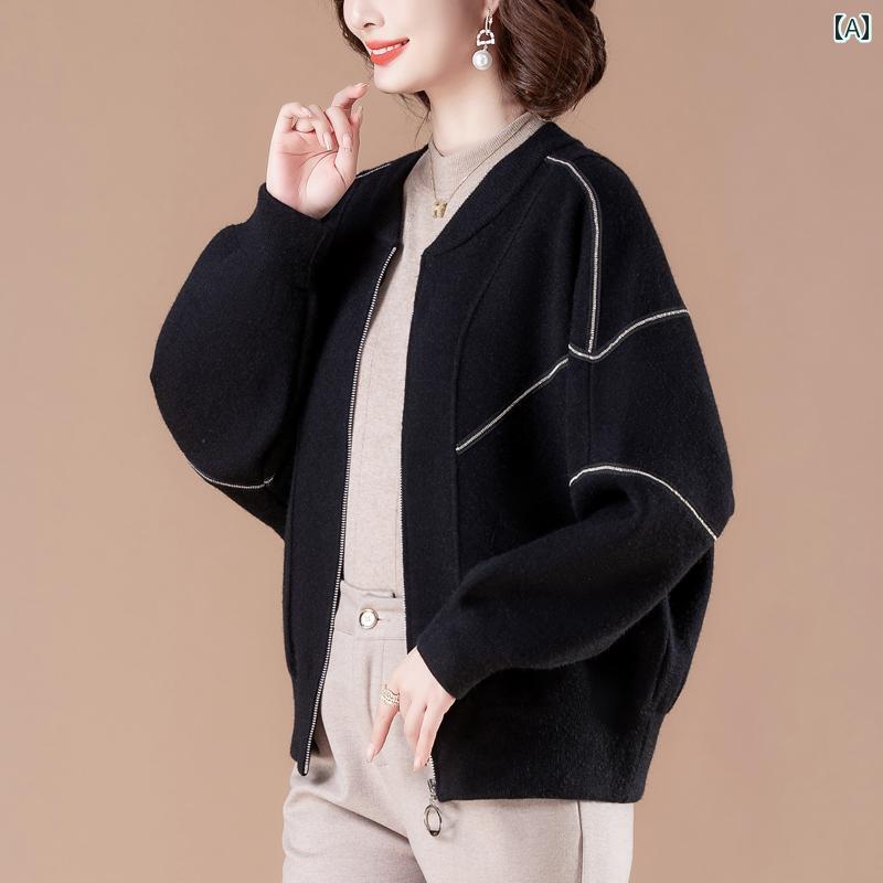 レディース レディース ジャンパー ジャケット 上着 アウター 春秋 セーター 上下セット トップス 無地 ジッパー 黒 カジュアル おしゃ..