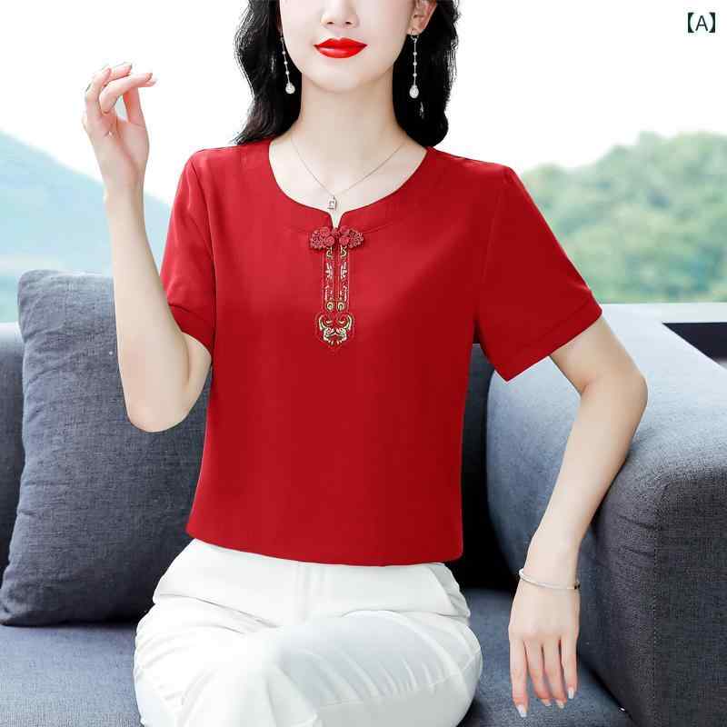 レディース 夏 カジュアル T シャツ 半袖 マザーズ 婦人服 おしゃれ 普段使い ハイエンド 中華風 シフォンシャツ 女性 t 中国 刺繍