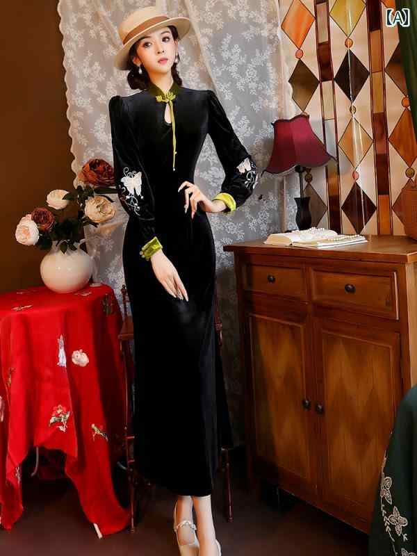 レディース チャイナ ドレス おしゃれ ワンピース コスプレ 撮影 衣装 黒 ベルベット 中華風 女性 秋冬 パーティー ロング