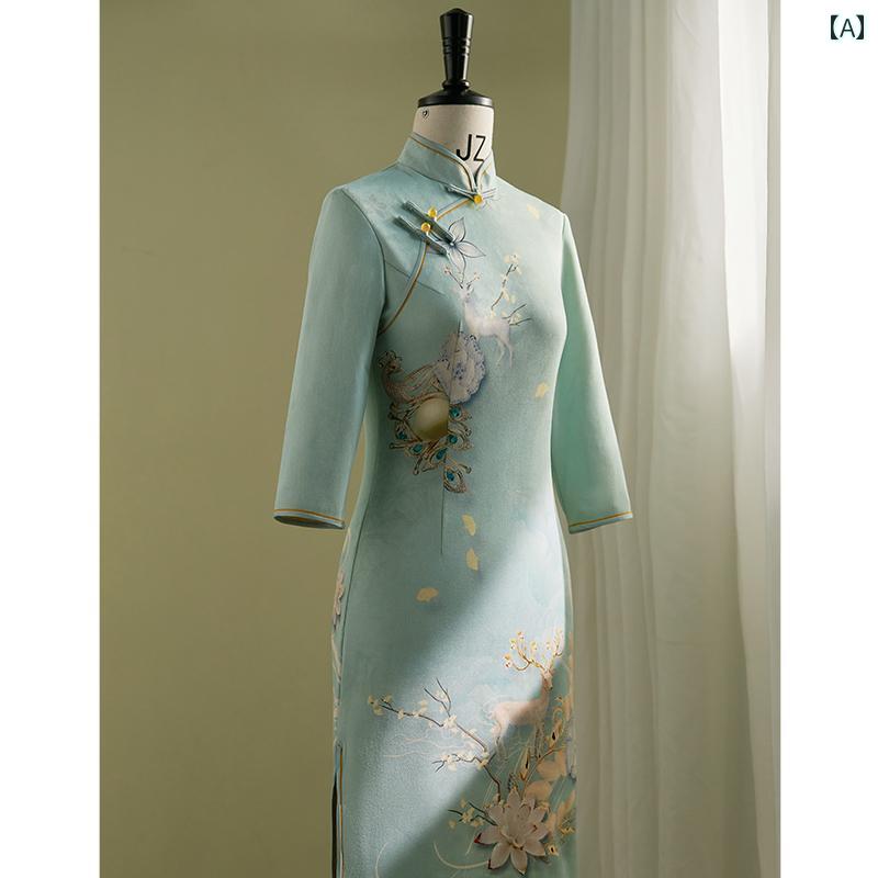 ドレス チャイナ おしゃれ コスプレ 写真撮影 民族衣装 レディース 秋冬 上品 洗練 ハイエンド スエード 中華風 レトロ エレガント ライト ブルー(4)