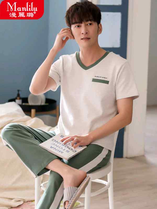 パジャマ メンズ 夏 綿 半袖 ズボン カジュアル リラックス ウェア メンズ コットン スーツ プルオーバ..