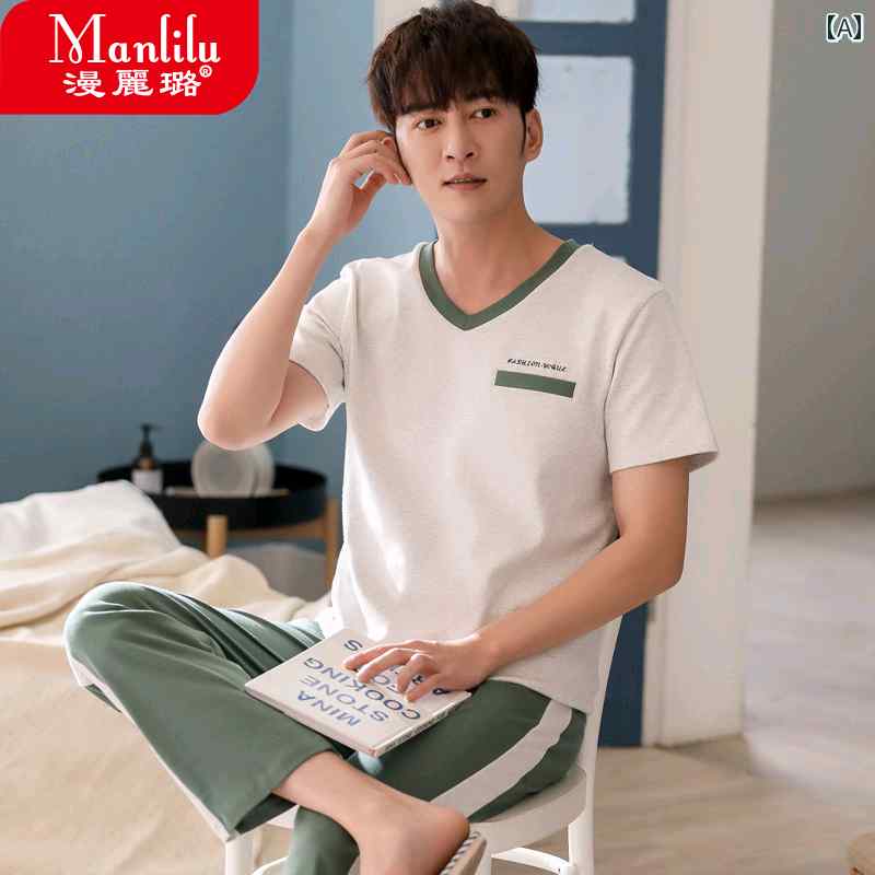 パジャマ メンズ 夏 綿 半袖 ズボン カジュアル リラックス ウェア メンズ コットン スーツ プルオーバー ホームウェア ルームウエア 部屋着 上下セット