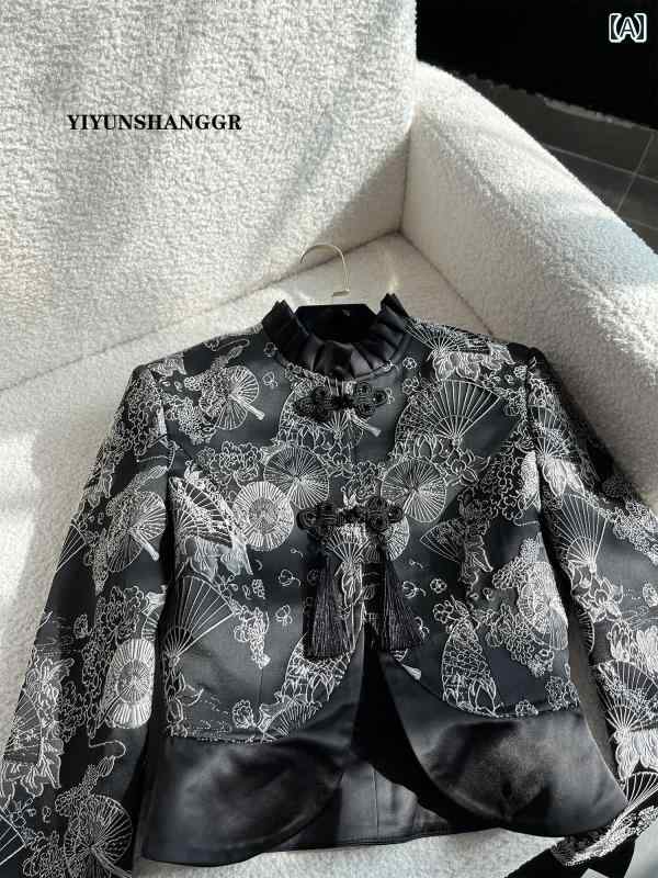 コート スカート レディース ファッション 中華風 スーツ 女性 冬 黒 レトロ ハイウエスト 伝統的 2点 セット