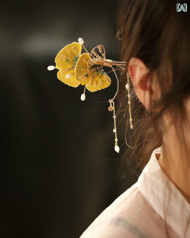 かんざし ヘアピン 髪飾り 和 刺繍 布 秋 イチョウ 葉 銀杏 枯れ葉 アップ ヘア アクセサリー レトロ ..