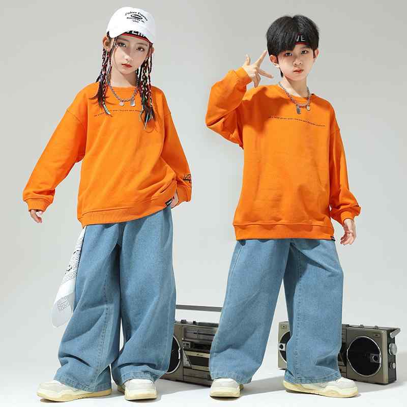 キッズ セットアップ 男の子 女の子 子供服 ヒップホップ ジャズ ダンス パフォーマンス ストリート ジーンズ オーバーサイズ 長袖 ユニセックス カジュアル