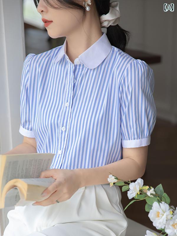 トップス シャツ レディース ブラウス オフィス 通勤 大人 OL スタイリッシュ ベビー ドール カラー ブルーストライプ 夏 パフスリーブ フレンチシック 半袖