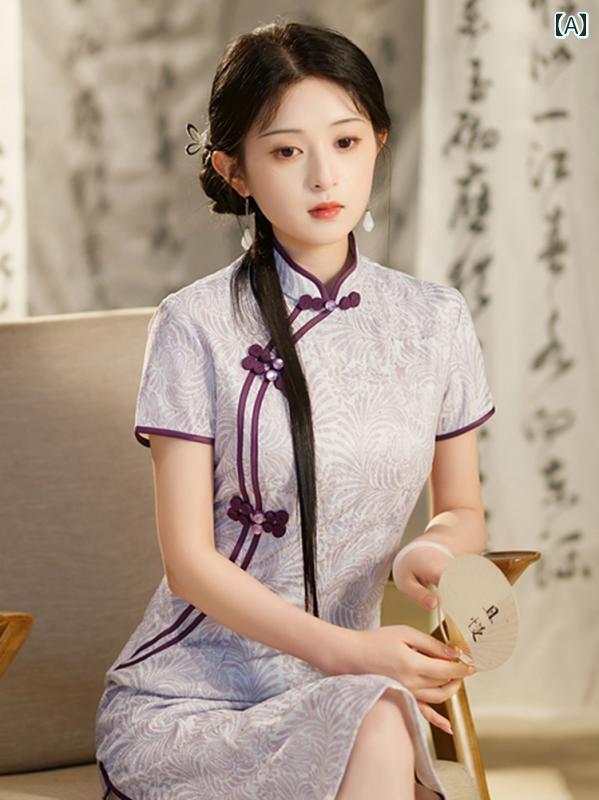 チャイナドレス レディース パフォーマンス 撮影 薄手 チャイナ エレガント シンプル レトロ 中華服 中国風 民族風 パーティドレス 大きめサイズ