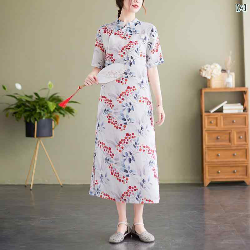 レディース チャイニーズ スタイル ワンピース おしゃれ 上品 婦人服 中華風 リネン 半袖 レトロ チャイナ ドレス ハイエンド 女性 綿 サマー スカート 膝上
