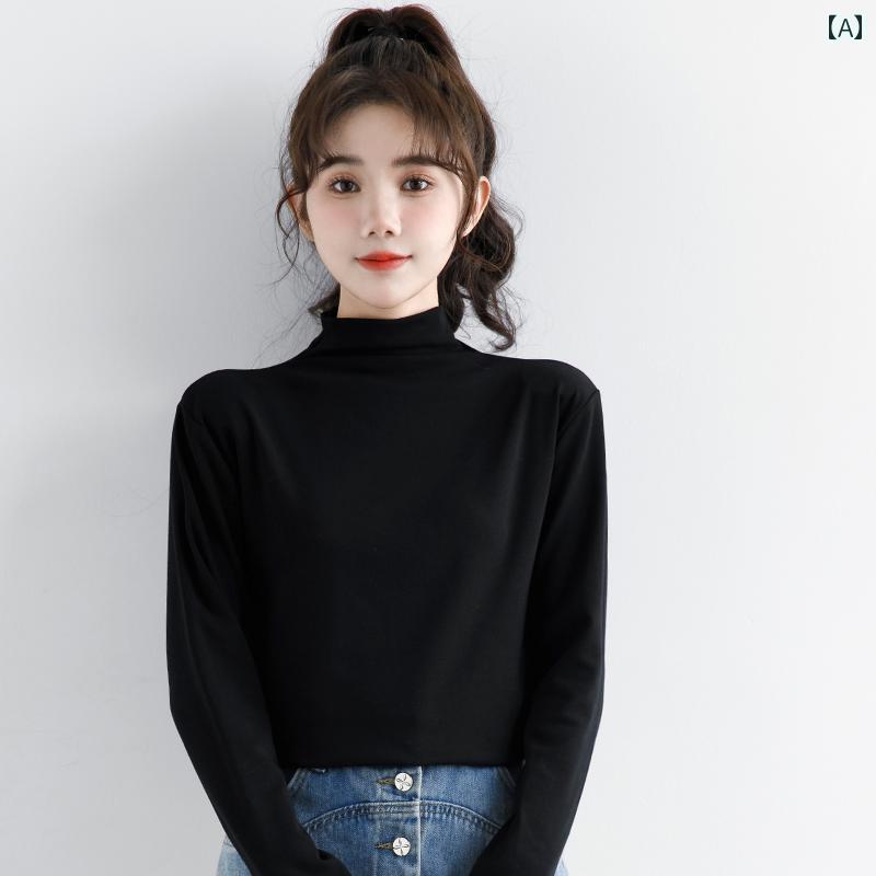 レディース ファッション カレッジ トップス シャツ 春秋冬 ブラック ハーフ タートルカラー ハーフハイネック スリム シンプル 長袖 Tシャツ 女の子