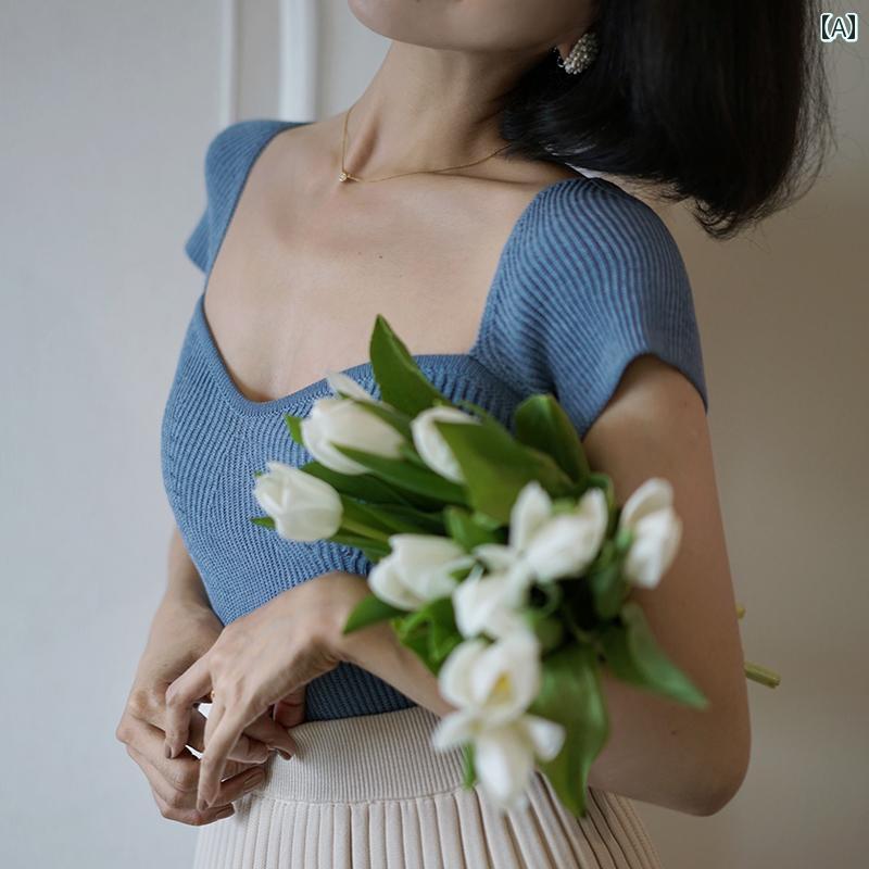 セーター レディース 半袖 ショート丈トップス ニット エレガント 綿 広めのスクエアネック ミニリボン取外し可 カジュアル シンプル レトロ エレガント スリムフィット ストレッチ プルオーバー