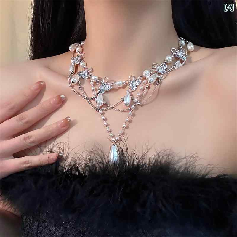 レディース タッセル ネックレス チェーン バタフライ かわいい おしゃれ ガーリー ゴージャス チョーカー 首飾り 蝶 ジルコン ウォータードロップ パール 女性 フレンチ ライト 高級感 ハイエンド 鎖骨